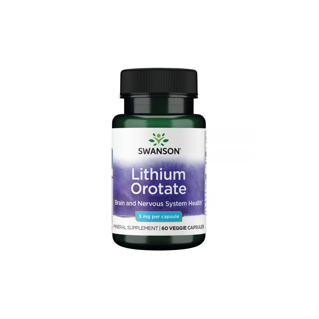 The Swanson Lithium Orotate supplement, labeled for brain and nervous system health, supports mood and enhances neurotransmitter activity, and is available in a bottle containing 60 vegetarian capsules with a dosage of 5 mg each.