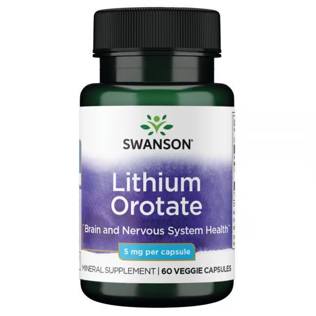 A bottle of Lithium Orotate 5 mg, from the brand Swanson, contains 60 veggie capsules and is designed to support brain, nervous system, and emotional health. It's ideal for individuals looking for mood stabilization assistance.