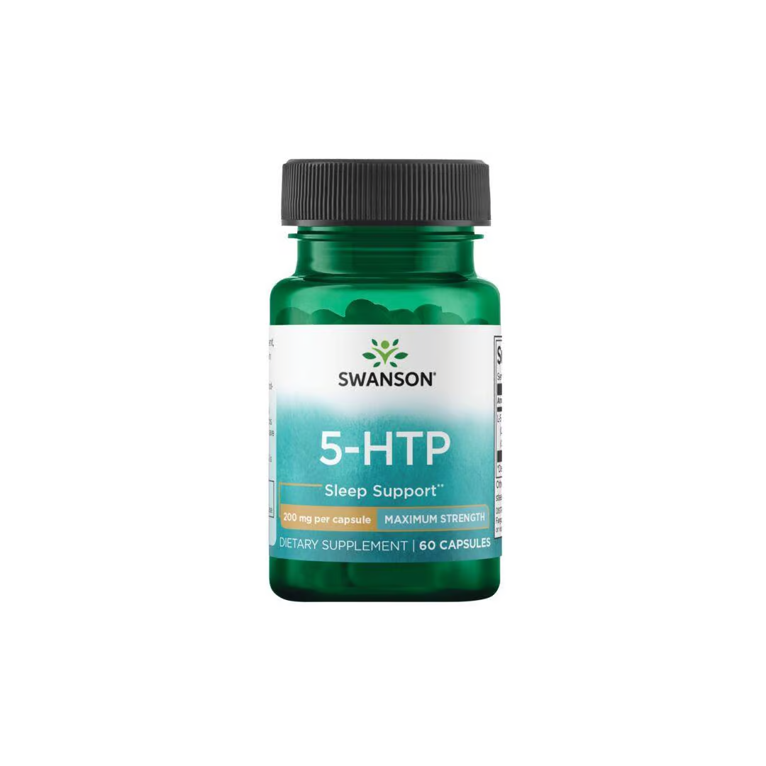 A 60-capsule bottle of Swanson's 5-HTP Maximum Strength, with 200 mg per capsule, is enriched with Griffonia simplicifolia for optimal serotonin support.