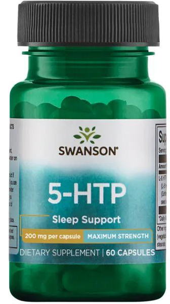 Une bouteille de Swanson 5-HTP Maximum Strength 200 mg 60 Capsules soutient.