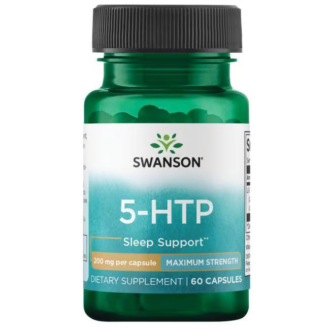 Swanson's 5-HTP Maximum Strength offers serotonin support in a green bottle labeled "Sleep Support," with "200 mg per capsule." Derived from Griffonia simplicifolia, it contains 60 capsules.