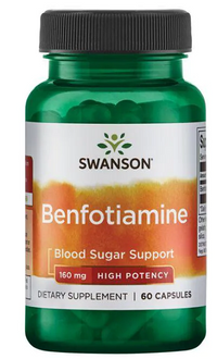 Thumbnail for A bottle of Swanson Vitamin B-1 Benfotiamine - 160 mg 60 capsules, a dietary supplement that supports glucose metabolism and helps maintain healthy blood sugar levels.