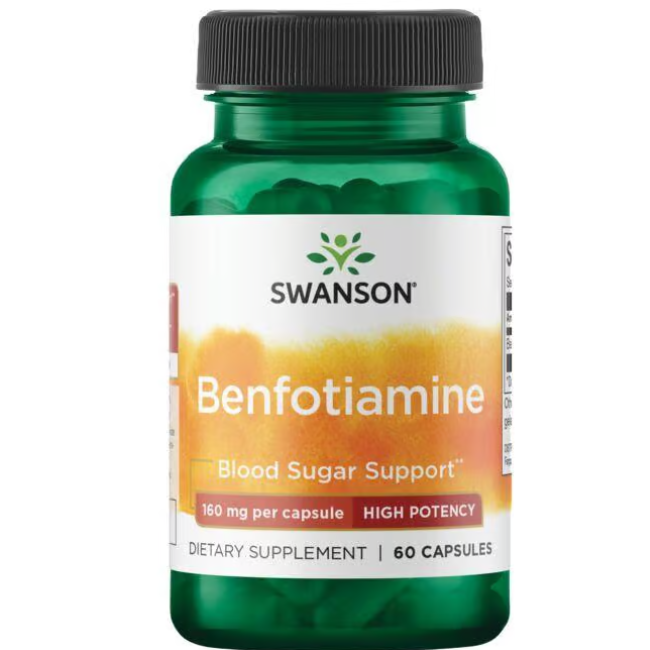 A bottle of Swanson's Vitamin B-1 Benfotiamine dietary supplement, featuring "Blood Sugar Support," is designed to promote healthy glucose metabolism. It contains 60 capsules, each with 160 mg of benfotiamine for balanced blood sugar levels.