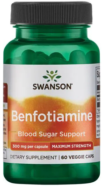 A bottle of Swanson Vitamin B-1 Benfotiamine supplements for healthy glucose metabolism, containing 60 veggie capsules at 300 mg per capsule.