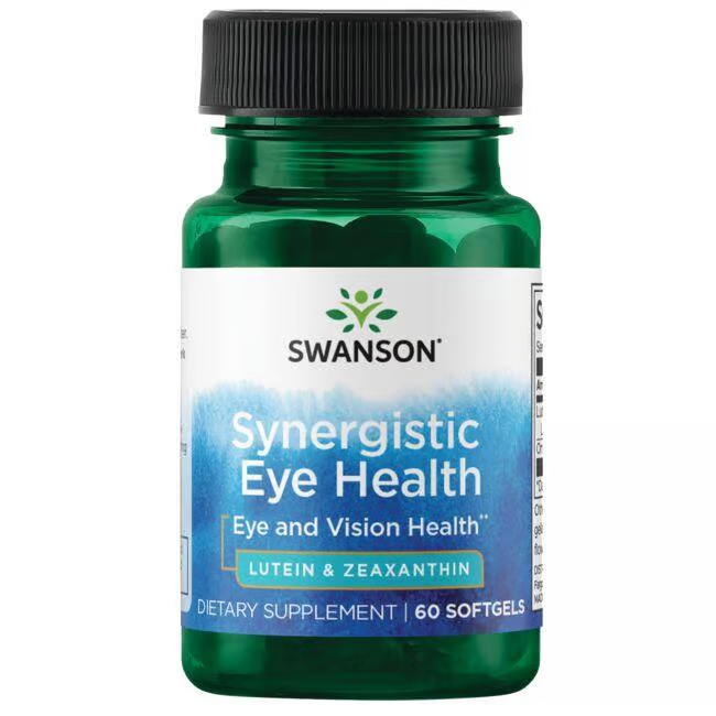 Swanson's Synergistic Eye Health provides 60 softgels in a green bottle, containing lutein and zeaxanthin for dietary eye and vision support.