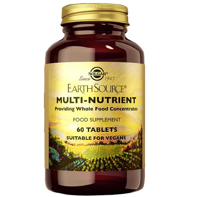 A bottle of Solgar Earth Source Multi Nutrient 60 Tablets, suitable for vegans.