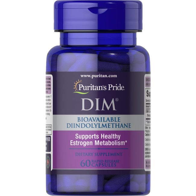 Bottle of Puritan's Pride DIM Complex 100 mg supplement with 60 rapid release capsules for supporting hormonal balance.