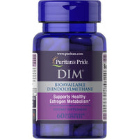 Thumbnail for Bottle of Puritan's Pride DIM Complex 100 mg supplement with 60 rapid release capsules for supporting hormonal balance.