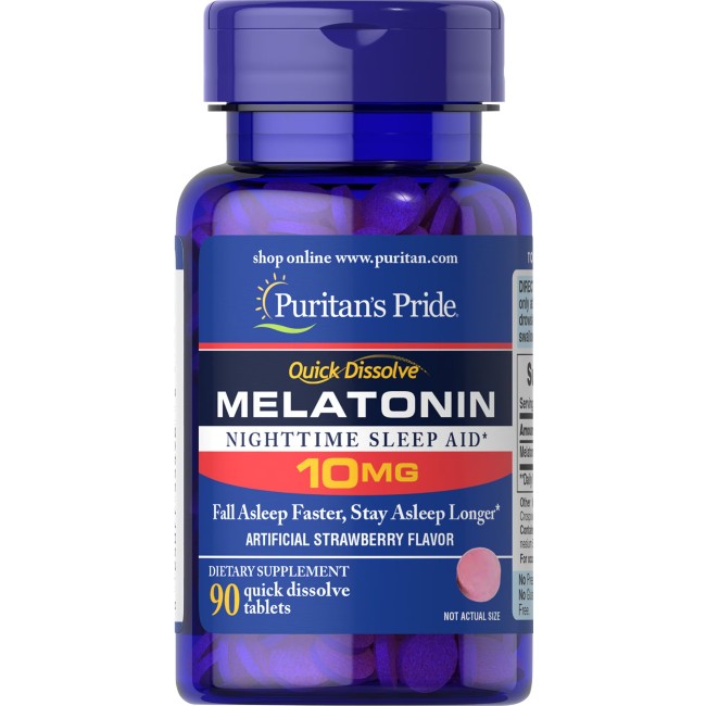 Bottle of Puritan's Pride Melatonin 10 mg 90 Quick Dissolve Tablets Strawberry Flavor for improved sleep quality.