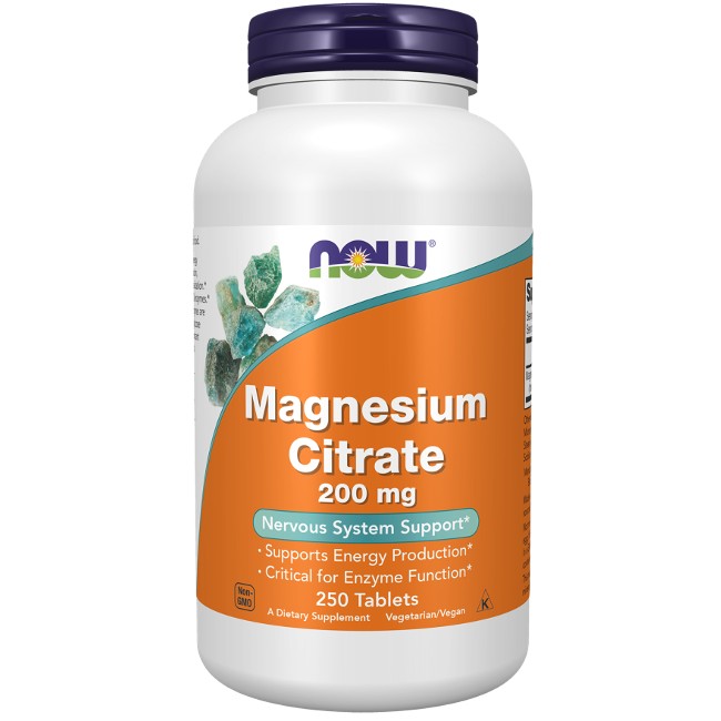 A bottle of Now Foods Magnesium Citrate 200 mg 250 Tablets dietary supplement labeled as supporting energy production and enzyme function, containing 250 tablets.
