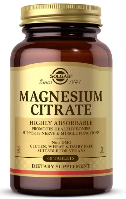 Un flacon de Solgar Citrate de magnésium 420 mg 60 comprimés.