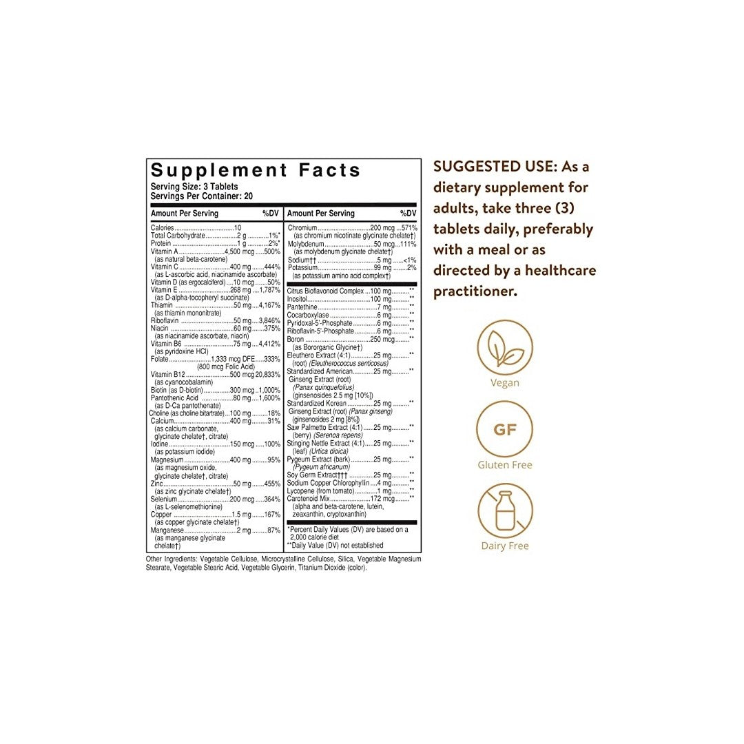 Une étiquette montrant les ingrédients du supplément Solgar's Male Multiple Multivitamins & Minerals for Men 180 Tablets.