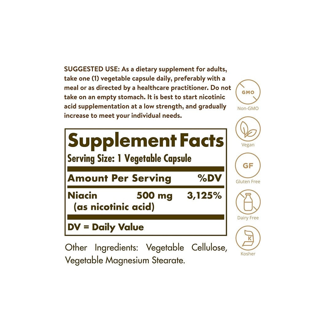 Une étiquette Solgar montrant les ingrédients de Niacin Vitamin B3 500 mg 100 Vegetable Capsules, un supplément favorisant la santé cardiovasculaire.