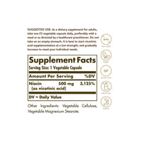 Vignette de l'étiquette Solgar montrant les ingrédients de Niacin Vitamin B3 500 mg 100 Vegetable Capsules, un supplément favorisant la santé cardiovasculaire.