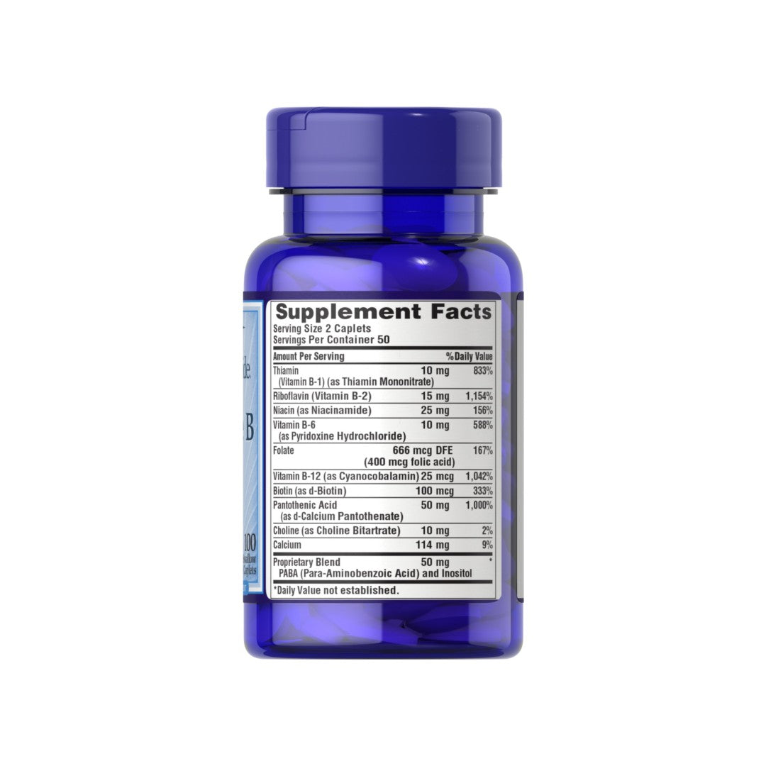 Une bouteille de Puritan's Pride Complete Vitamin B, B-Complex - 100 Caplets avec une étiquette.