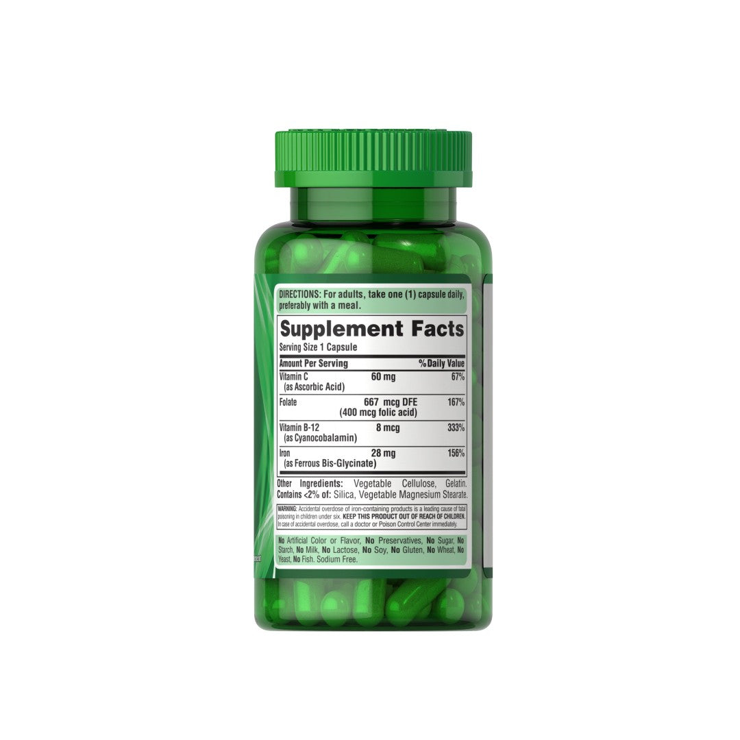 Une bouteille verte de Puritan's Pride Easy Iron 28 mg 90 capsules Iron Glycinate sur un fond blanc.