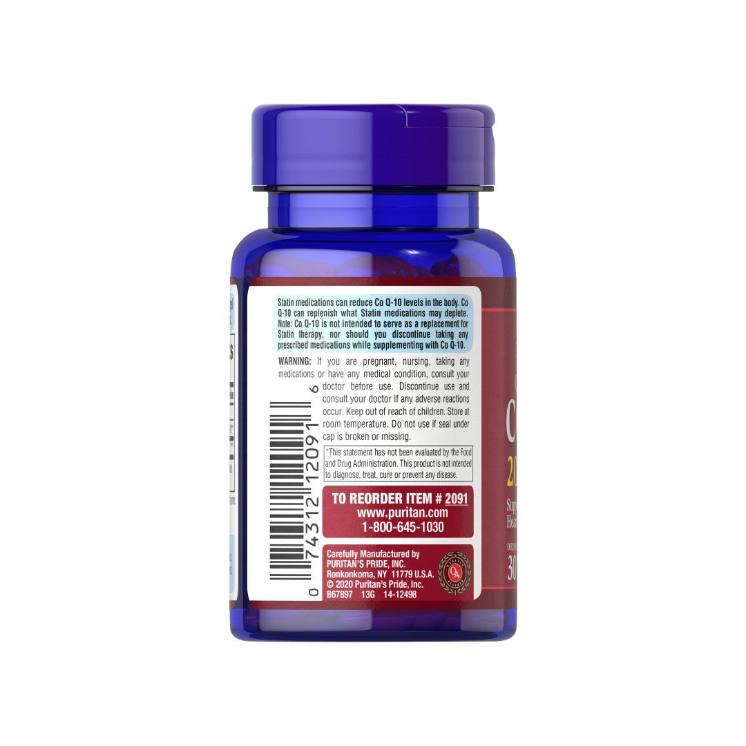 L'arrière d'une bouteille de Coenzyme Q10 - 200 mg 60 Rapid Release Softgels Q-SORB™ by Puritan's Pride.