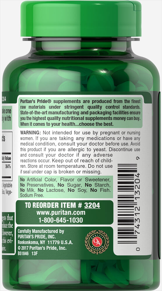 Le dos d'une bouteille de Puritan's Pride Sélénium 200 mcg 200 softgel, favorisant la fonction thyroïdienne et la santé du système immunitaire grâce aux antioxydants.