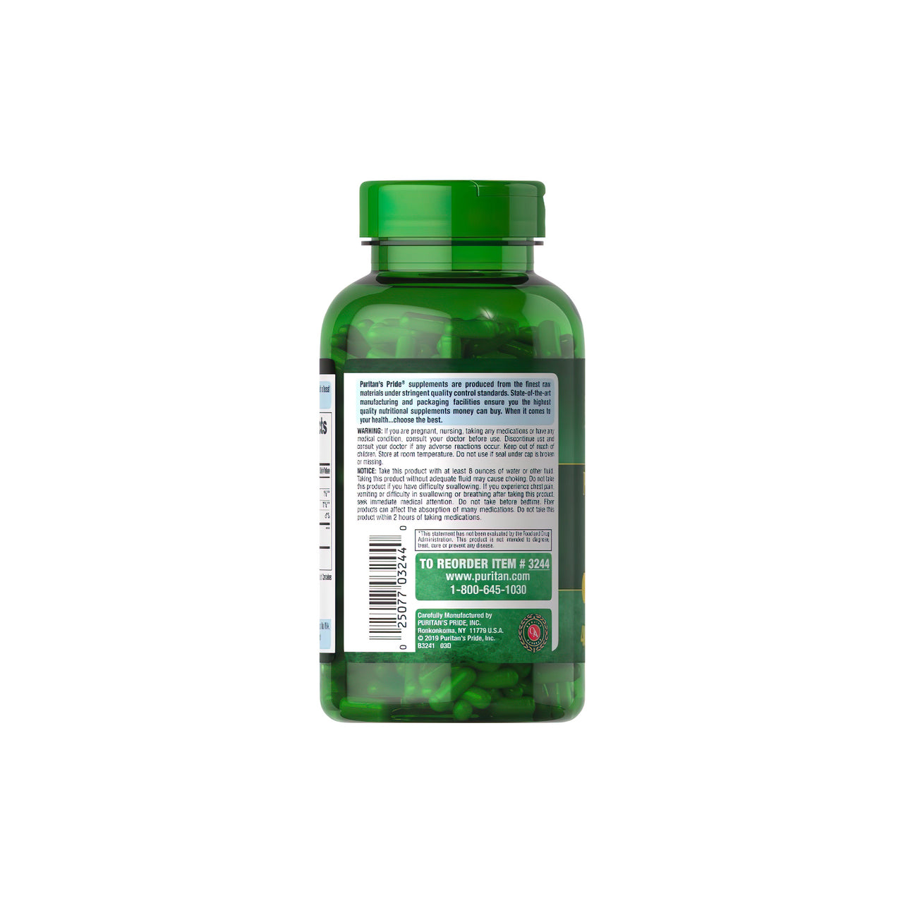 Une bouteille de Psyllium Husks 500 mg 400 Rapid Release Capsules par Puritan's Pride avec des avantages pour la santé digestive et du côlon sur un fond blanc.