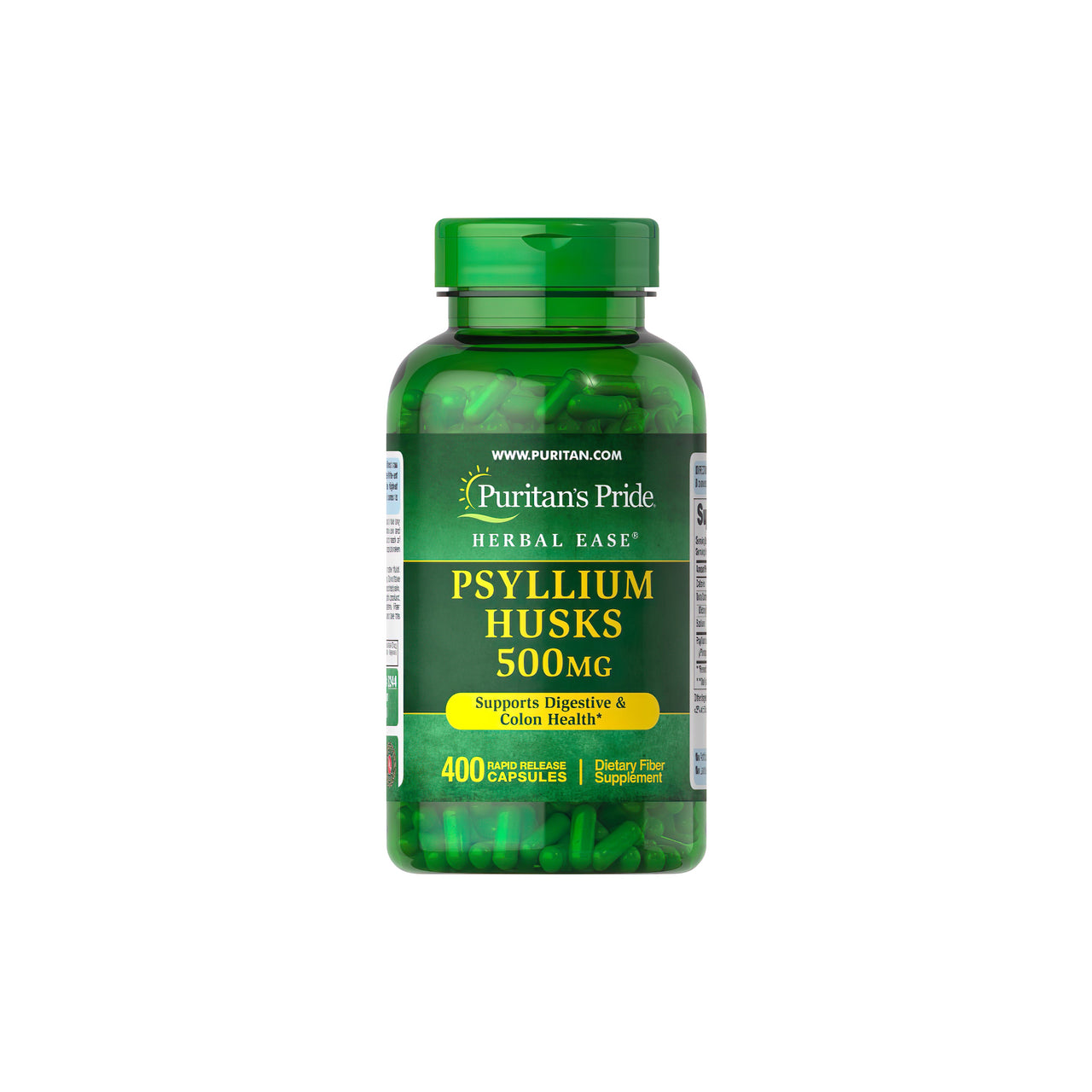 Une bouteille de Puritan's Pride Psyllium Husks 500 mg 400 Rapid Release Capsules, connues pour leur teneur en fibres solubles qui favorisent la santé du système digestif et du côlon.