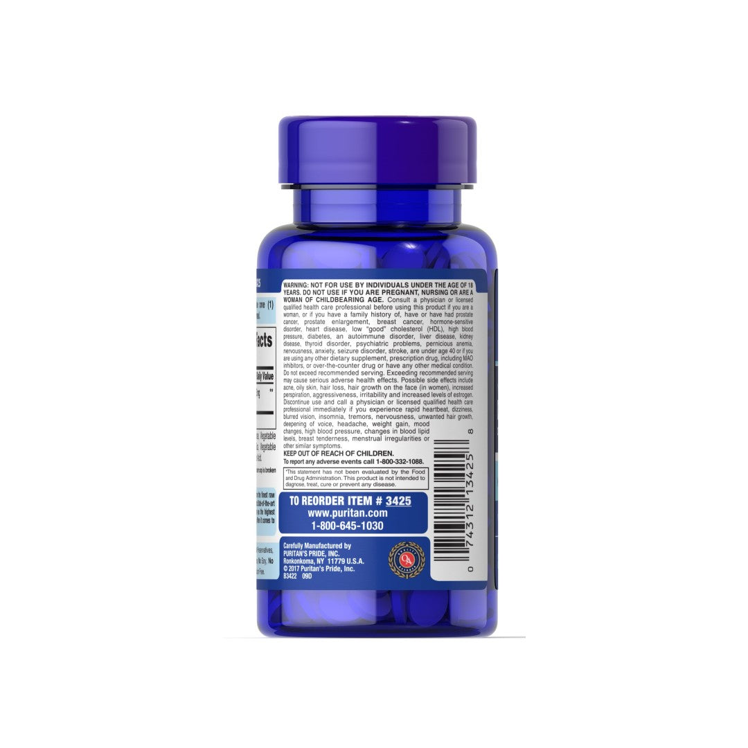 L'arrière d'un flacon bleu portant l'étiquette DHEA - 25 mg 250 tabs by Puritan's Pride.