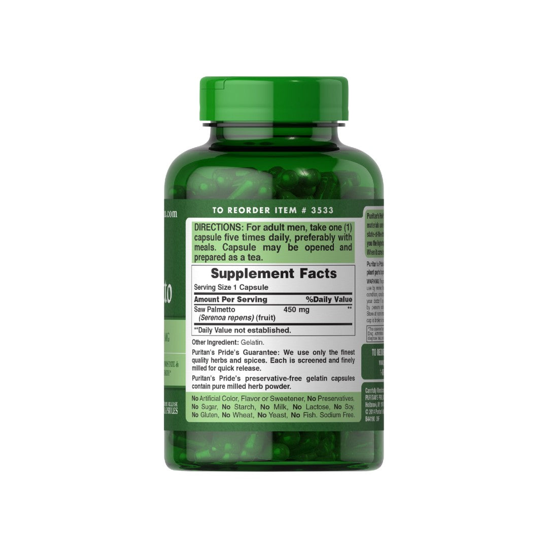 Un flacon d'extrait de thé vert, enrichi de Puritan's Pride Saw Palmetto 450 mg 200 capsules à libération rapide pour la santé de la prostate et l'amélioration de la fonction urinaire.