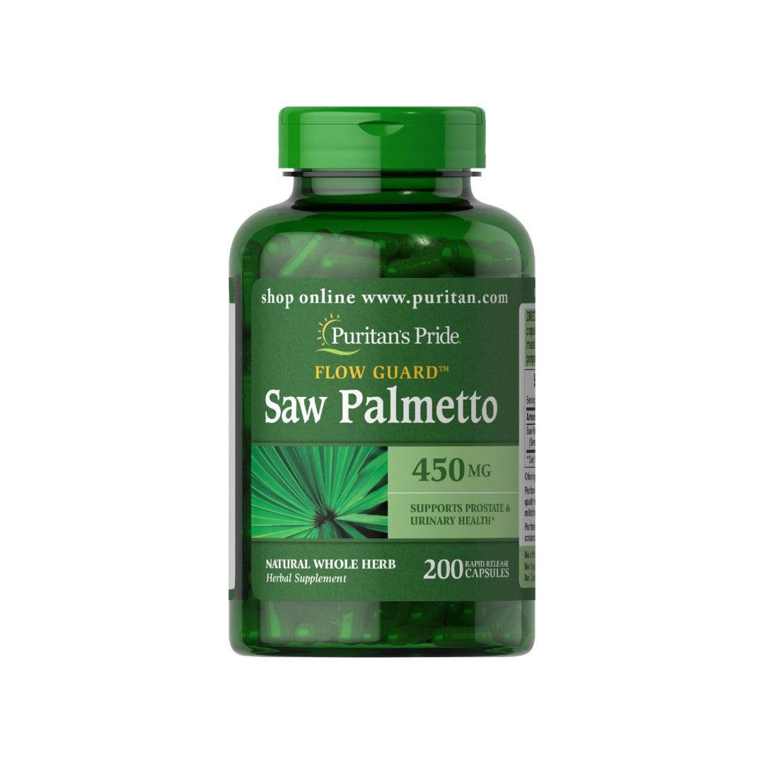 Une bouteille de Puritan's Pride Saw Palmetto 450 mg 200 capsules à libération rapide, favorisant la fonction urinaire et la santé de la prostate.
