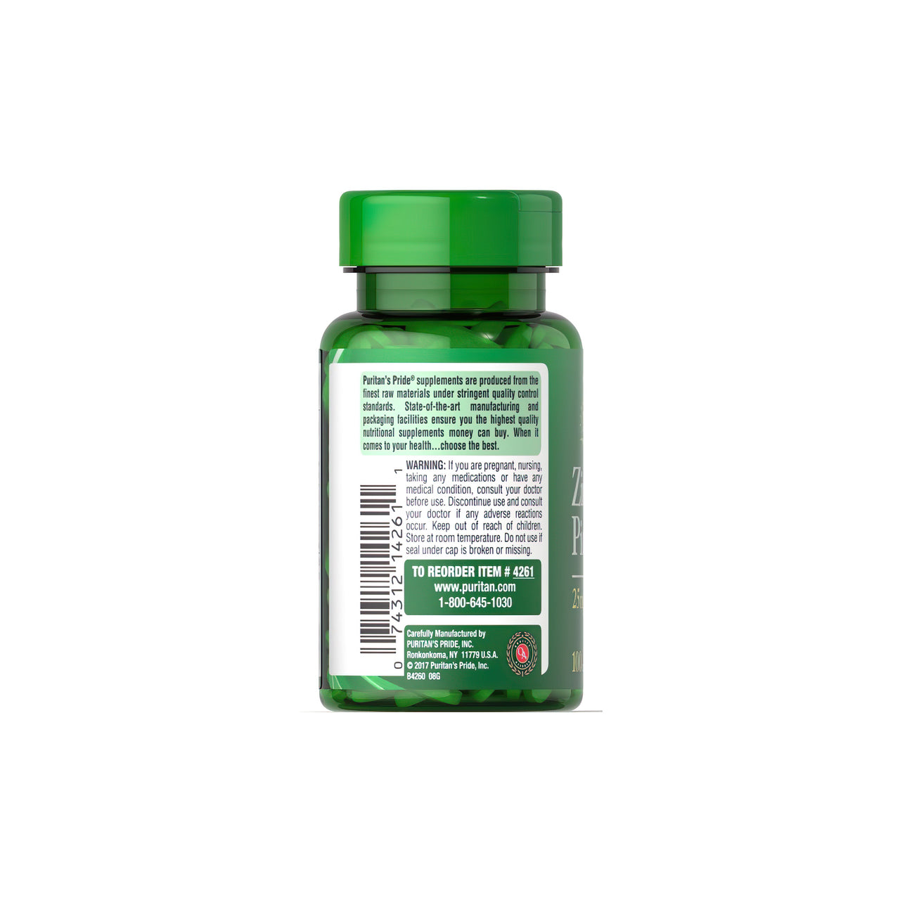 A bottle of Puritan's Pride Zinc Picolinate 25mg 100 Caplets on a white background, promoting skin health.