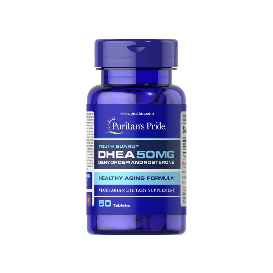 Un flacon de Puritan's Pride DHEA 50 mg 50 comprimés gélules.