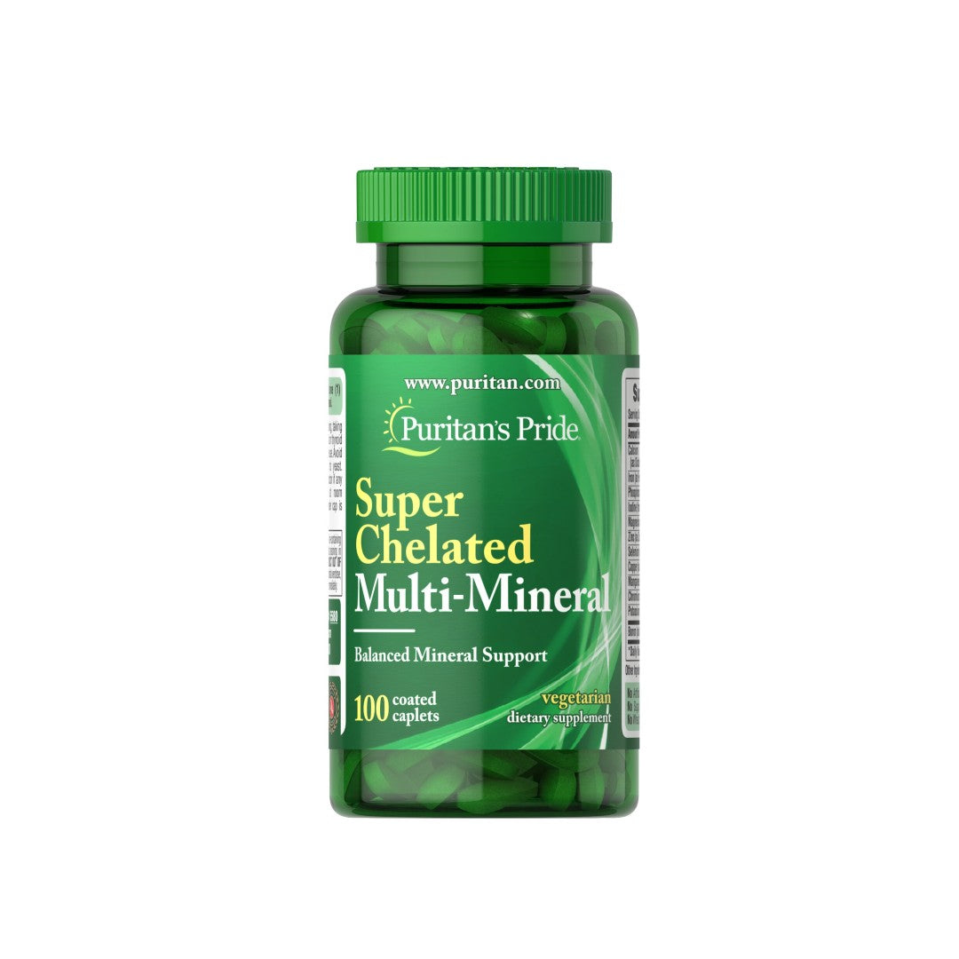 This bottle of Super Chelated Multi-Mineral with Zinc 100 Coated Caplets by Puritan's Pride provides metabolism support for enhanced glucose metabolism and improved blood lipid levels.