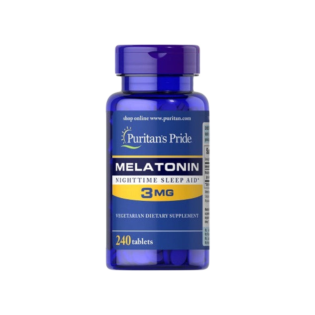 Un flacon de Puritan's Pride Melatonin 3 mg 240 comprimés.
