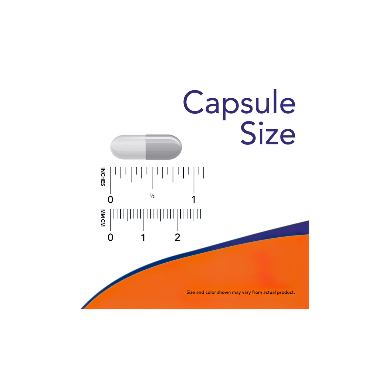 Une étiquette orange et bleue avec les mots "capsule size" promouvant Now Foods N-Acetyl Cysteine 600mg 100 veg caps.