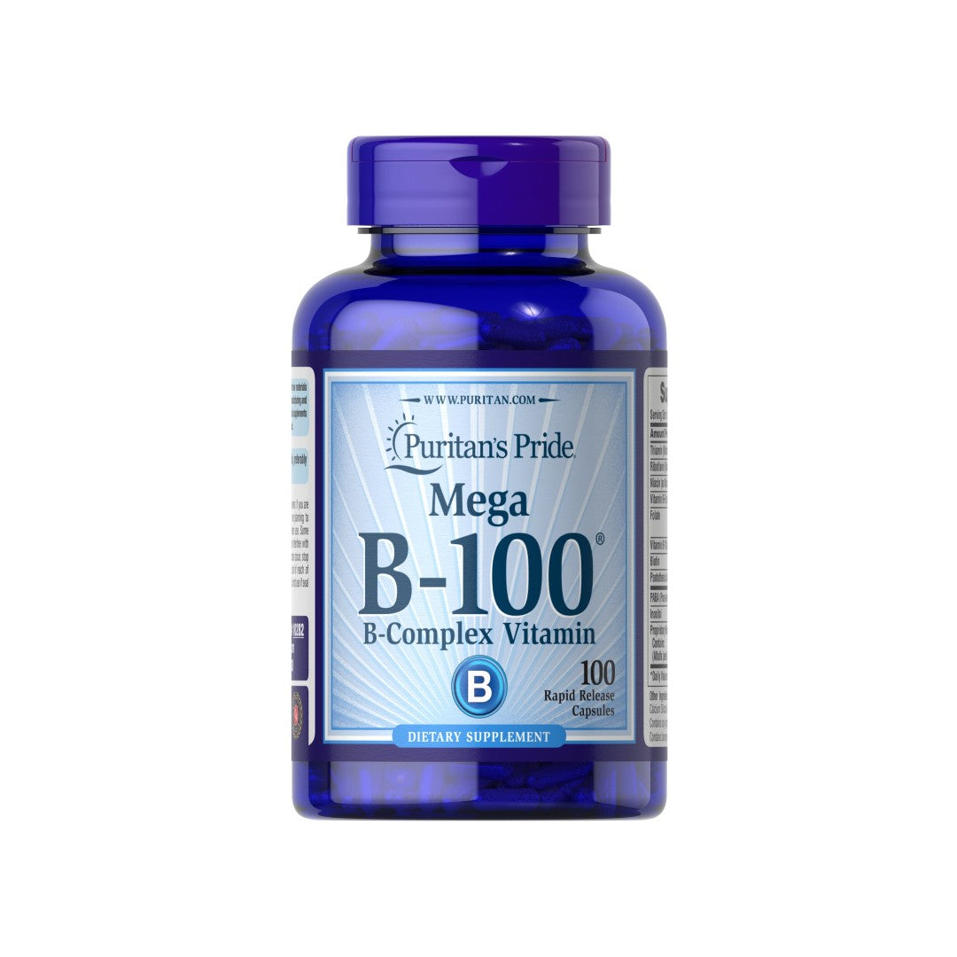 A bottle of Puritan's Pride Vitamin B-100 Complex 100 Rapid Release Capsules, a complete vitamin essential for cardiovascular maintenance and energy metabolism.