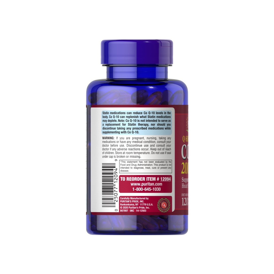 L'arrière d'une bouteille de Coenzyme Q10 Rapid Release 200 mg 120 Sgel Q-SORB™ par Puritan's Pride.