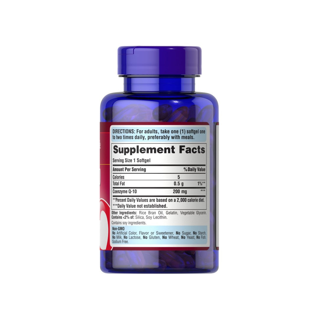 Une bouteille de Coenzyme Q10 Rapid Release 200 mg 120 Sgel Q-SORB™ supplements by Puritan's Pride sur un fond blanc.