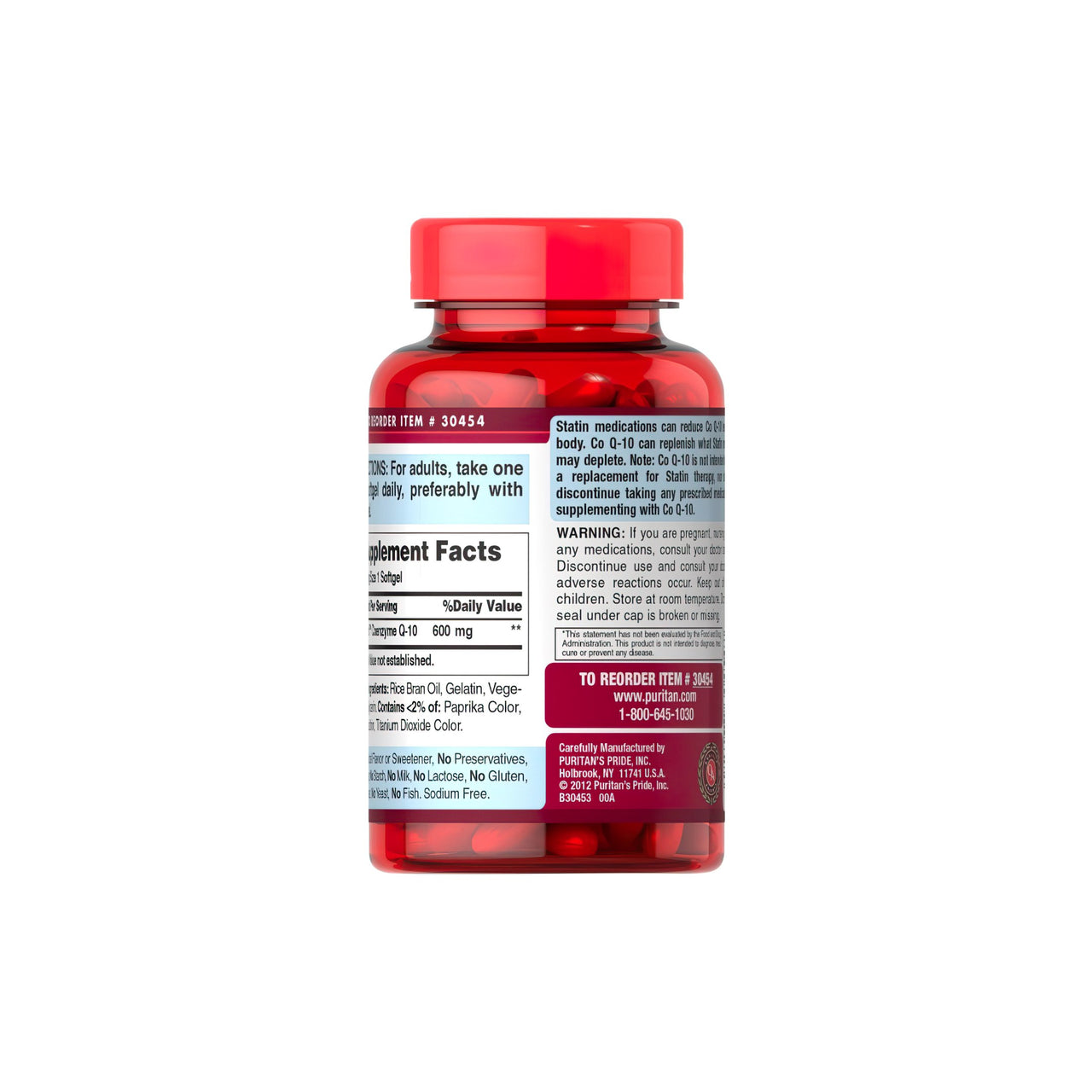 Une bouteille de Coenzyme Q10 600 mg 60 Rapid Release Softgels Q-SORB™ avec une étiquette rouge par Puritan's Pride.
