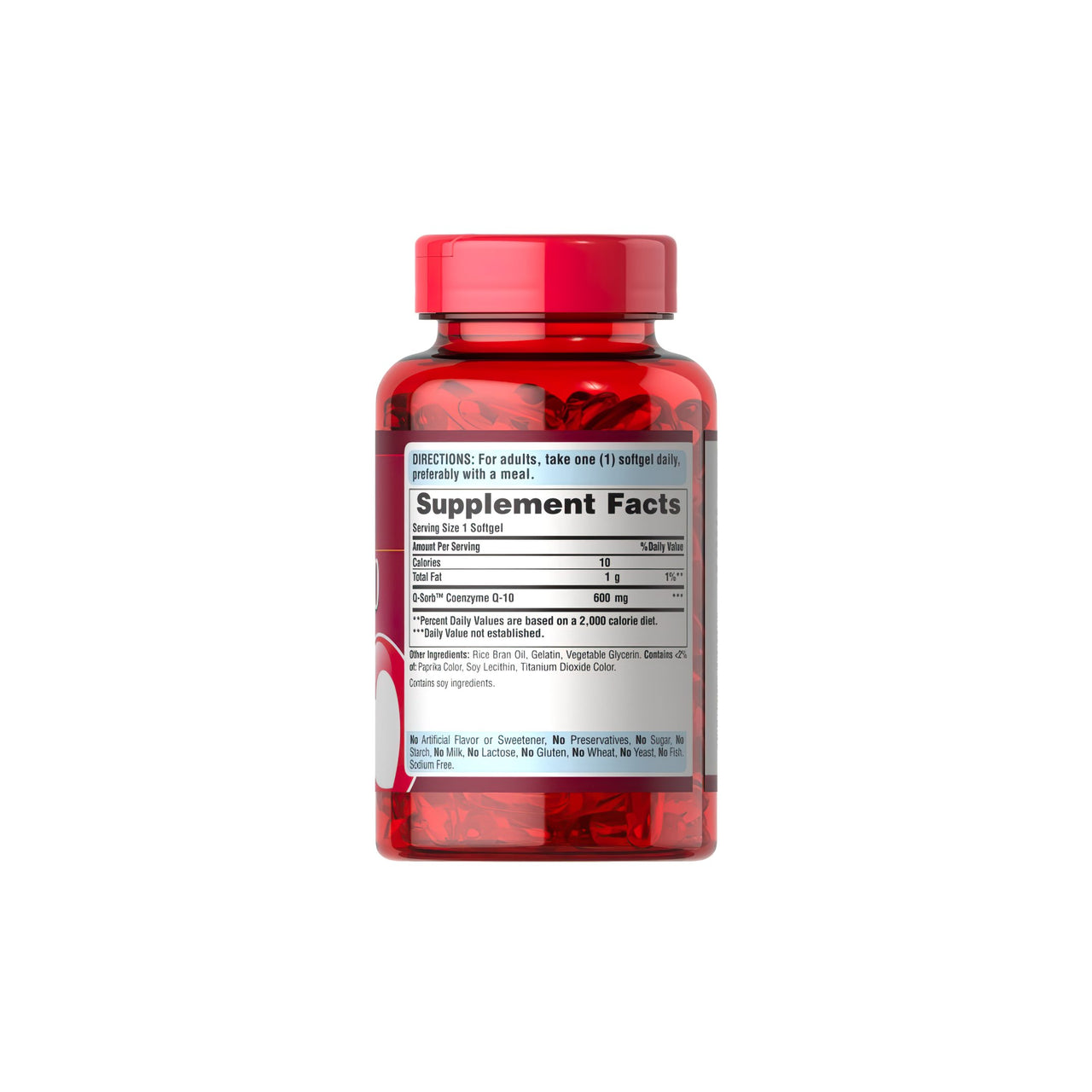 Une bouteille de Coenzyme Q10 600 mg 60 Rapid Release Softgels Q-SORB™ supplements by Puritan's Pride sur un fond blanc.