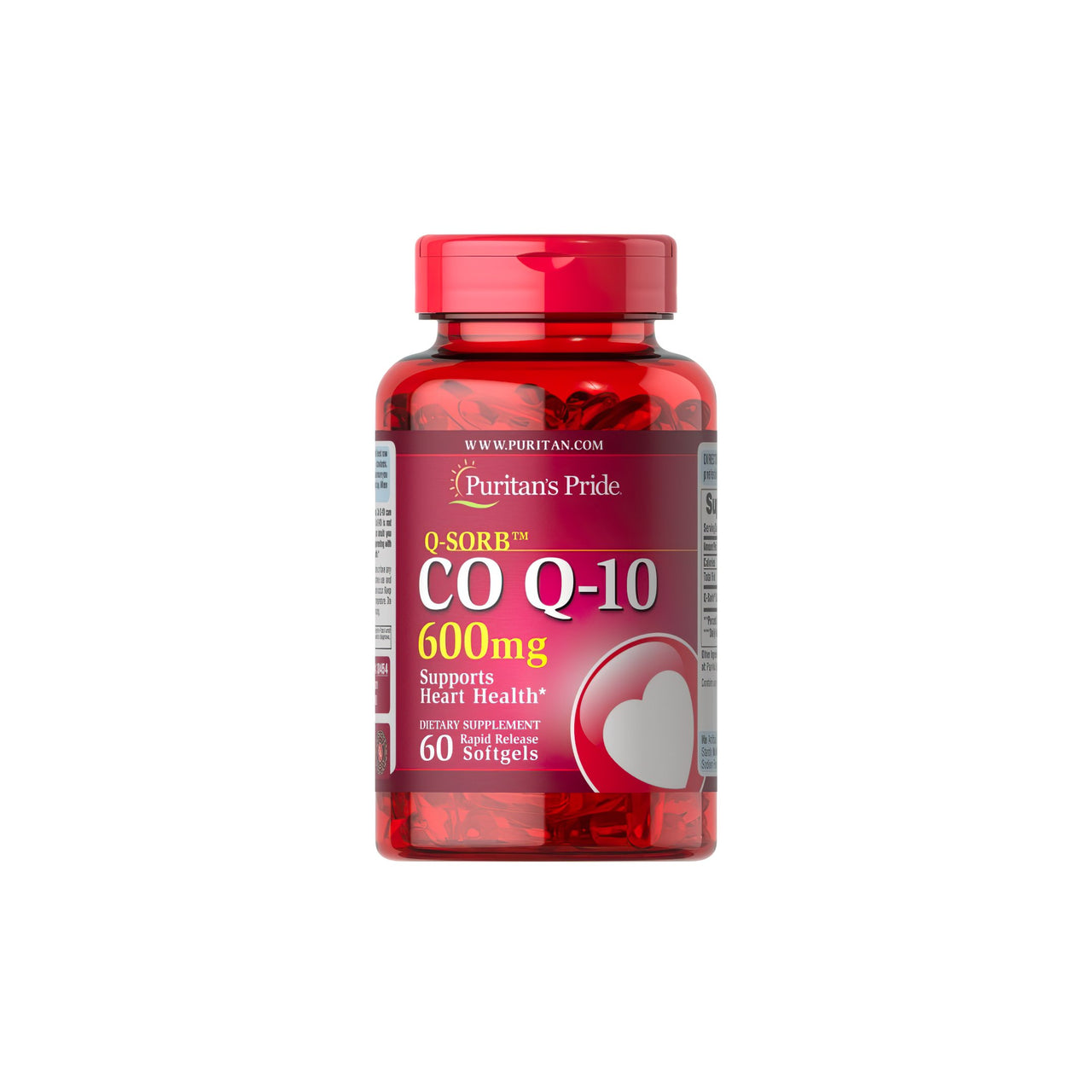 Une bouteille de Coenzyme Q10 600 mg 60 Rapid Release Softgels Q-SORB™ avec un cœur rouge. (Marque : Puritan's Pride)