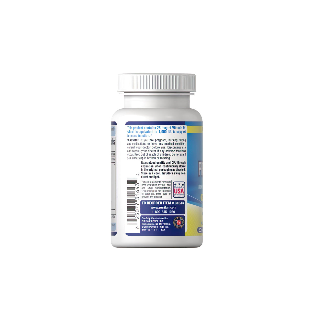 Une bouteille de Probiotic 10 Plus Vitamin D3 1000 IU 60 caps, un puissant stimulant immunitaire, sur un fond blanc. (Nom de marque : Puritan's Pride)