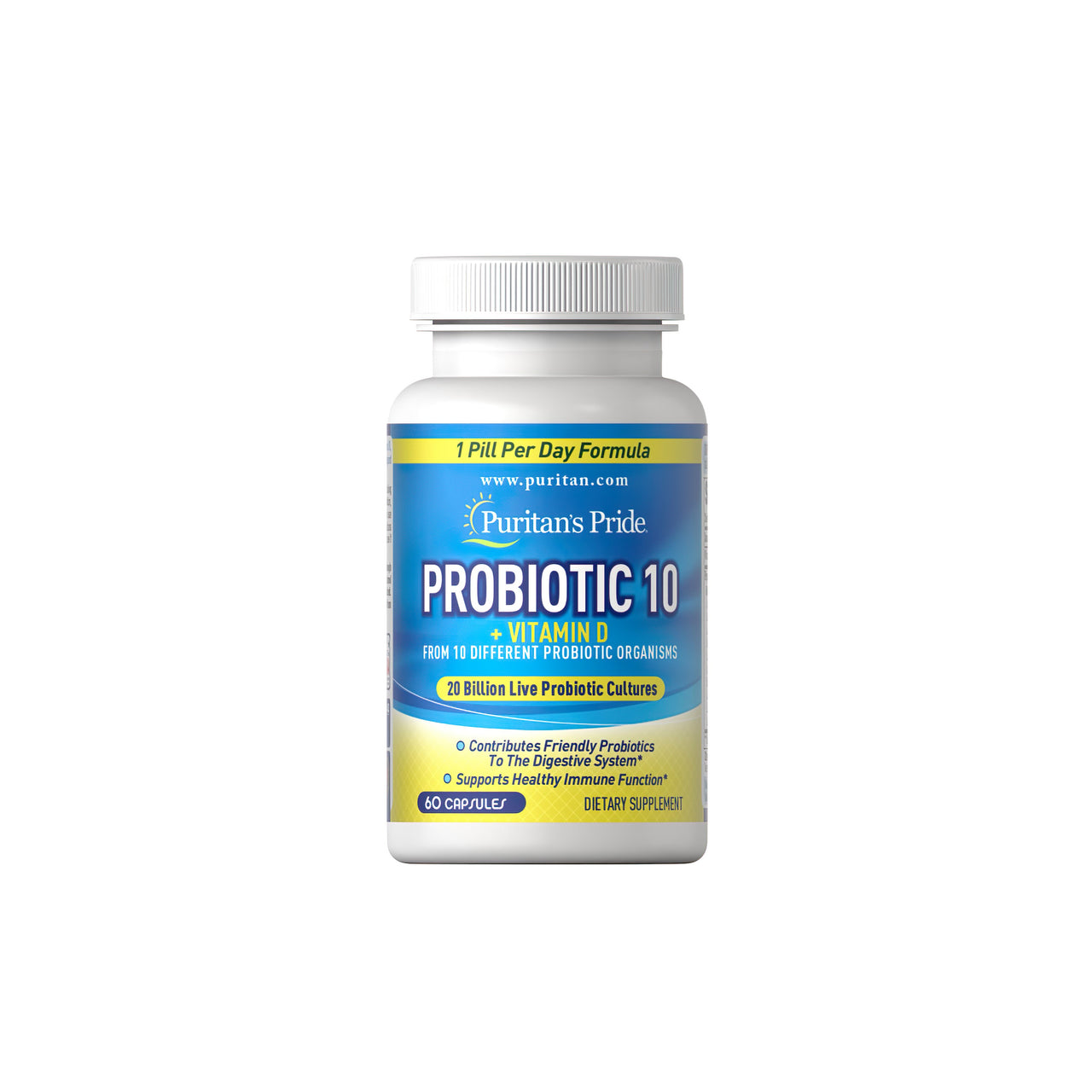 Une bouteille de Probiotic 10 plus Vitamin D3 1000 IU 60 caps de Puritan's Pride.