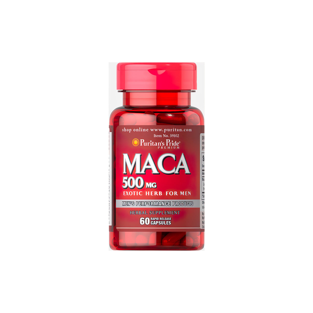 Une bouteille de Puritan's Pride Maca 500 mg 60 gélules à libération rapide.