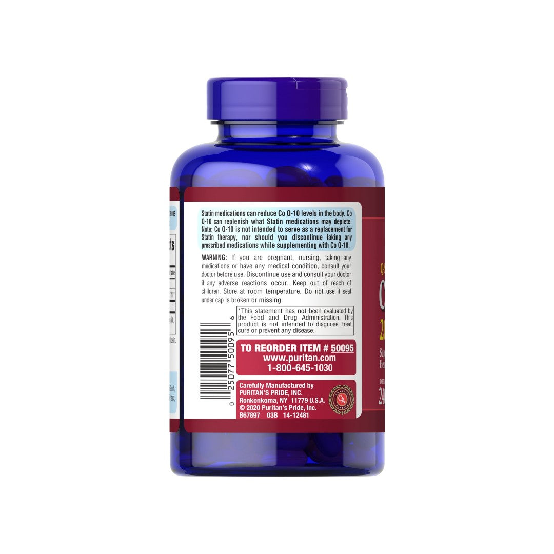 L'arrière d'une bouteille de Coenzyme Q10 - 200 mg 240 Rapid Release Softgels Q-SORB par Puritan's Pride.