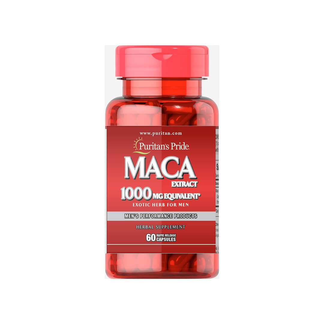 Une bouteille de Puritan's Pride Maca 1000 mg 60 gélules à libération rapide.