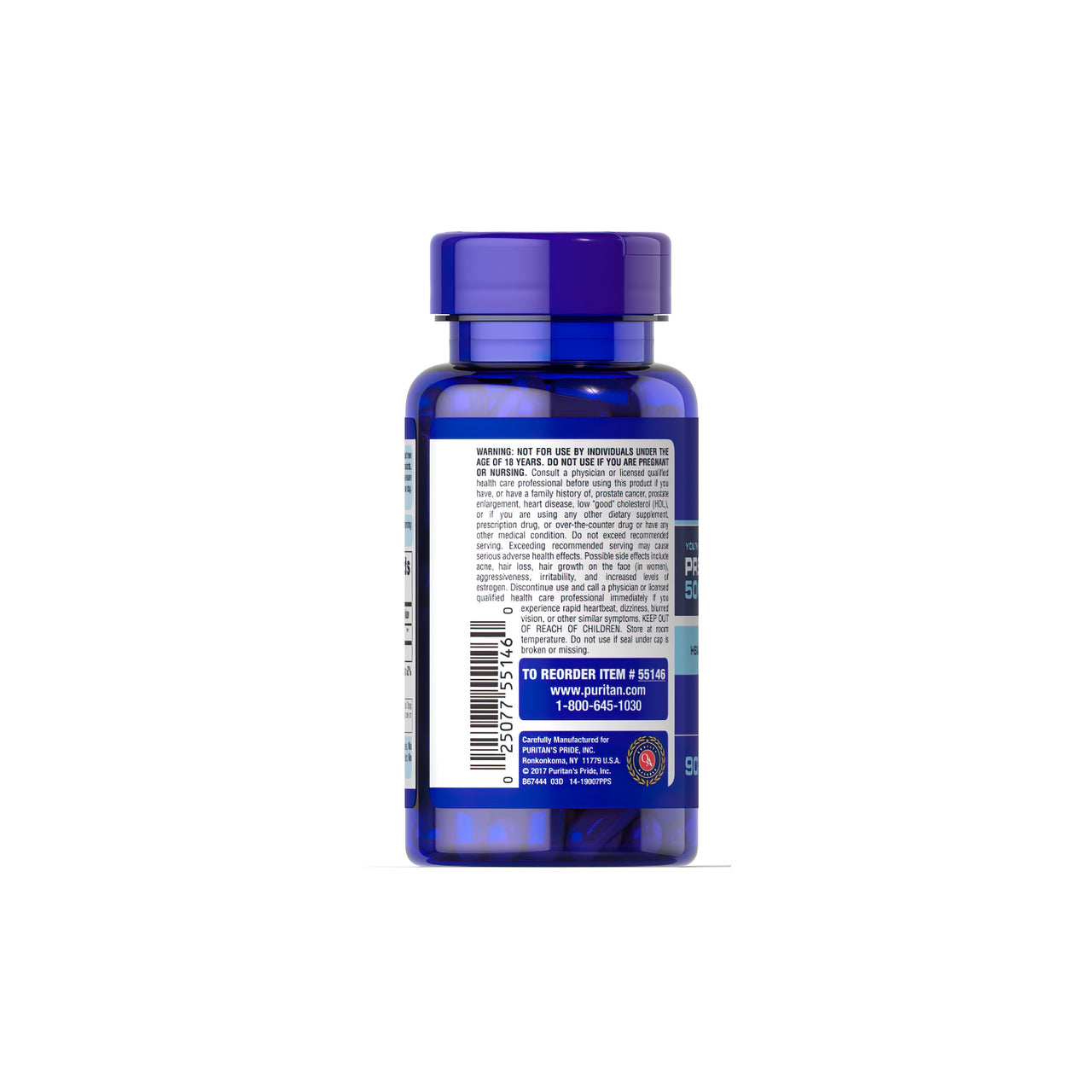 Au dos d'un flacon bleu portant une étiquette avec les mots-clés "healthy aging" et "aging regimen" se trouve la Pregnenolone 50 mg 90 Rapid Release Capsules de Puritan's Pride.