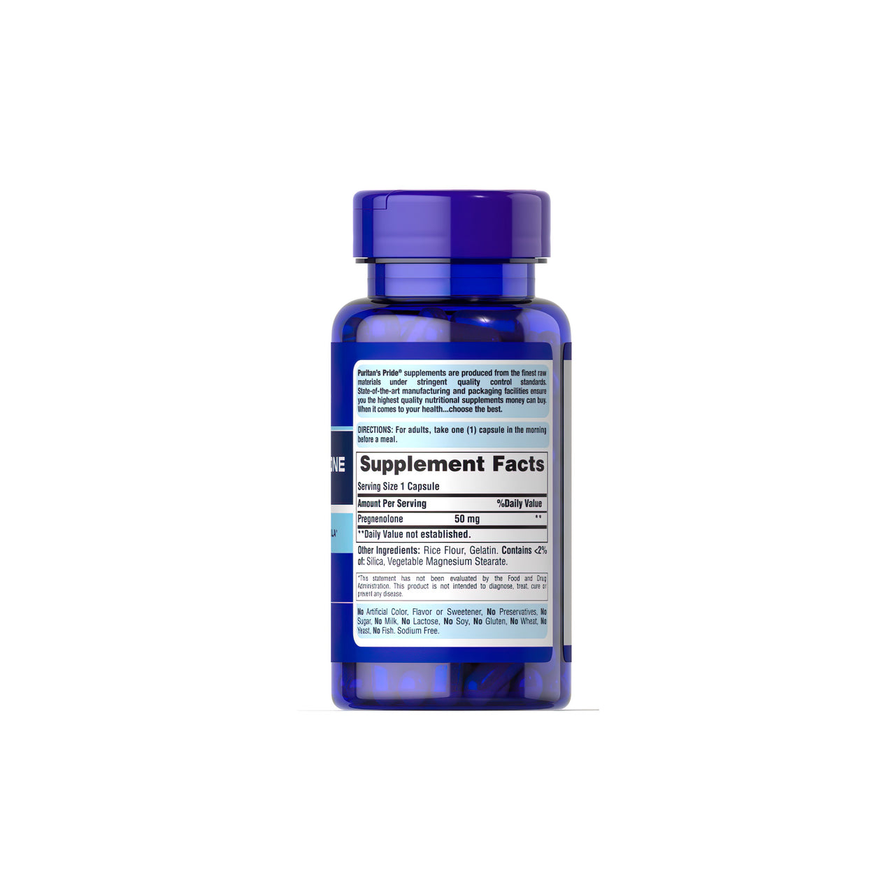 Un flacon de Puritan's Pride Pregnenolone 50 mg 90 Rapid Release Capsules pour un régime de vieillissement sain sur un fond blanc.