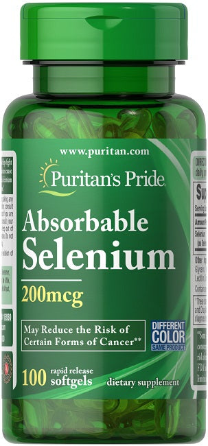 Un flacon de Puritan's Pride Sélénium absorbable 200 mcg 100 softgels à libération rapide.