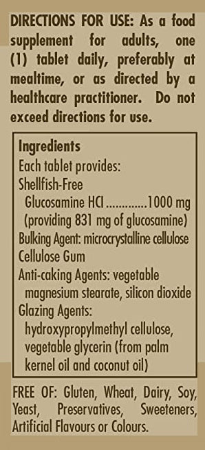 Une étiquette de Solgar's Glucosamine hydrochloride 1000 mg 60 comprimés qui contient une liste d'ingrédients.