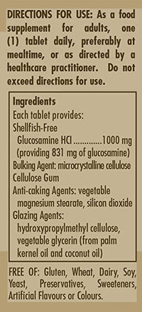 Vignette de l'étiquette de Solgar's Glucosamine hydrochloride 1000 mg 60 comprimés qui contient une liste d'ingrédients.