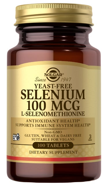 Un flacon de Solgar Sélénium 100 mcg 100 comprimés L-Sélénométhionine, qui agit comme un antioxydant pour le fonctionnement du système immunitaire et aide à combattre le stress.