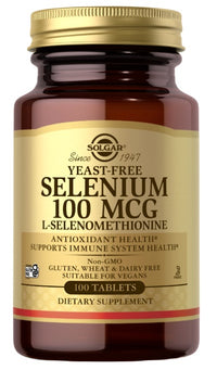 Vignette pour Une bouteille de Solgar Sélénium 100 mcg 100 comprimés L-Sélénométhionine, qui agit comme un antioxydant pour le fonctionnement du système immunitaire et aide à combattre le stress.